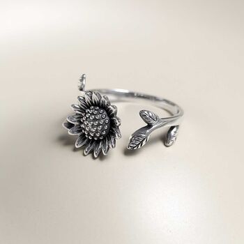 Sterling Silver Adjustable Oxidised Sunflower Ring, 10 of 11