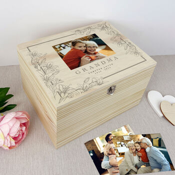 Personalised Lily Photo Memory Box In Natural Wood For Bereavement And Memorial Gift, 4 of 12