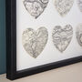Nine Black And White Custom Map Hearts Wall Art, thumbnail 3 of 4