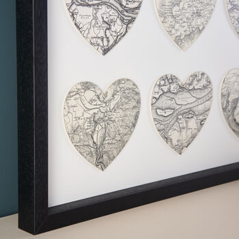 Nine Black And White Custom Map Hearts Wall Art, 3 of 4