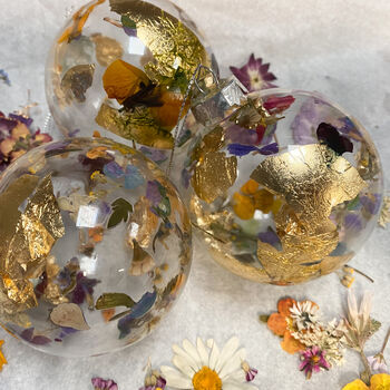 Set Of Three Pressed Flower And Gold Leaf Baubles, 3 of 3