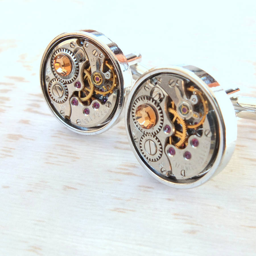 round watch movement cufflinks with colour option by pennyfarthing designs