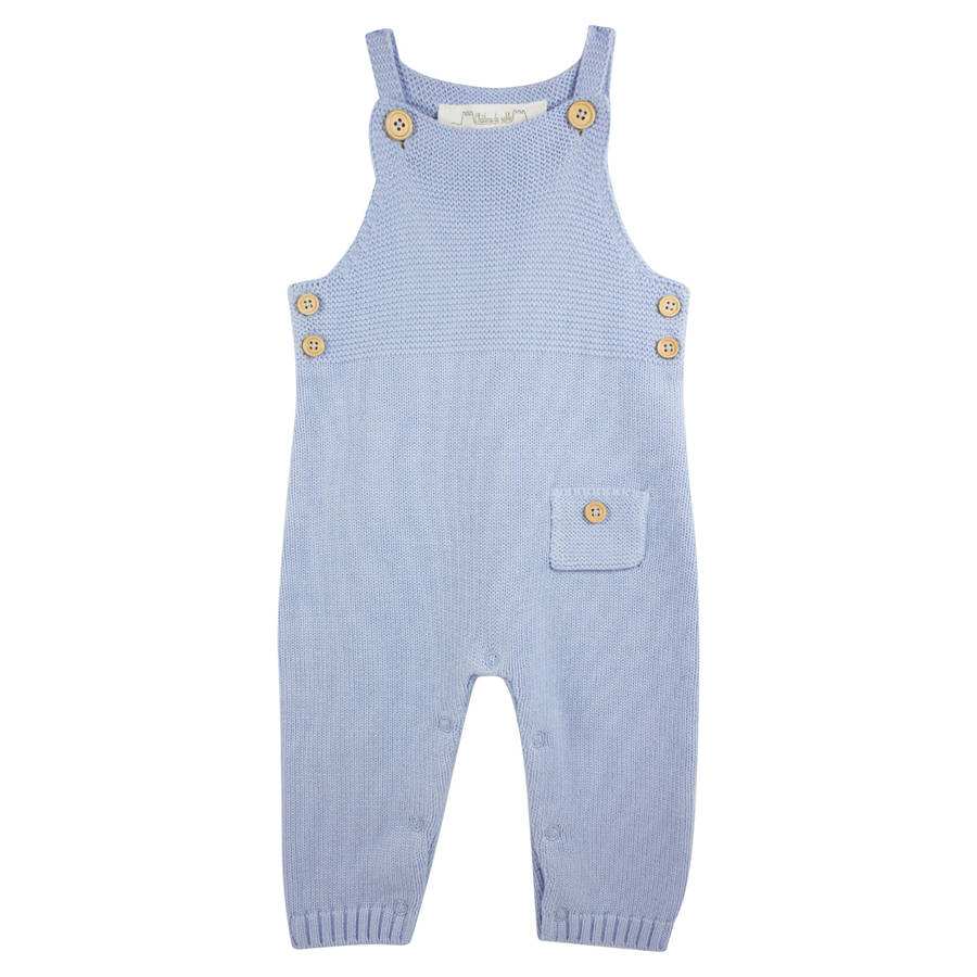 baby boy blue knitted dungaree and bodysuit set by chateau de sable