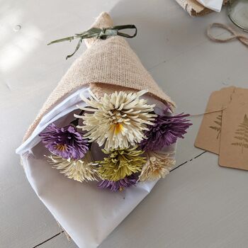 Handcrafted Wooden Purple And Cream Flower Bouquet, 2 of 2