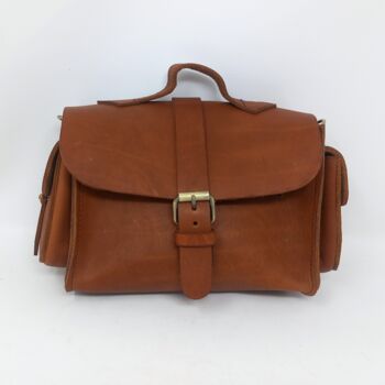 Small Leather Crossbody Satchel Handheld Handbag Caramel Tan Light Brown With Side Pockets, 5 of 9