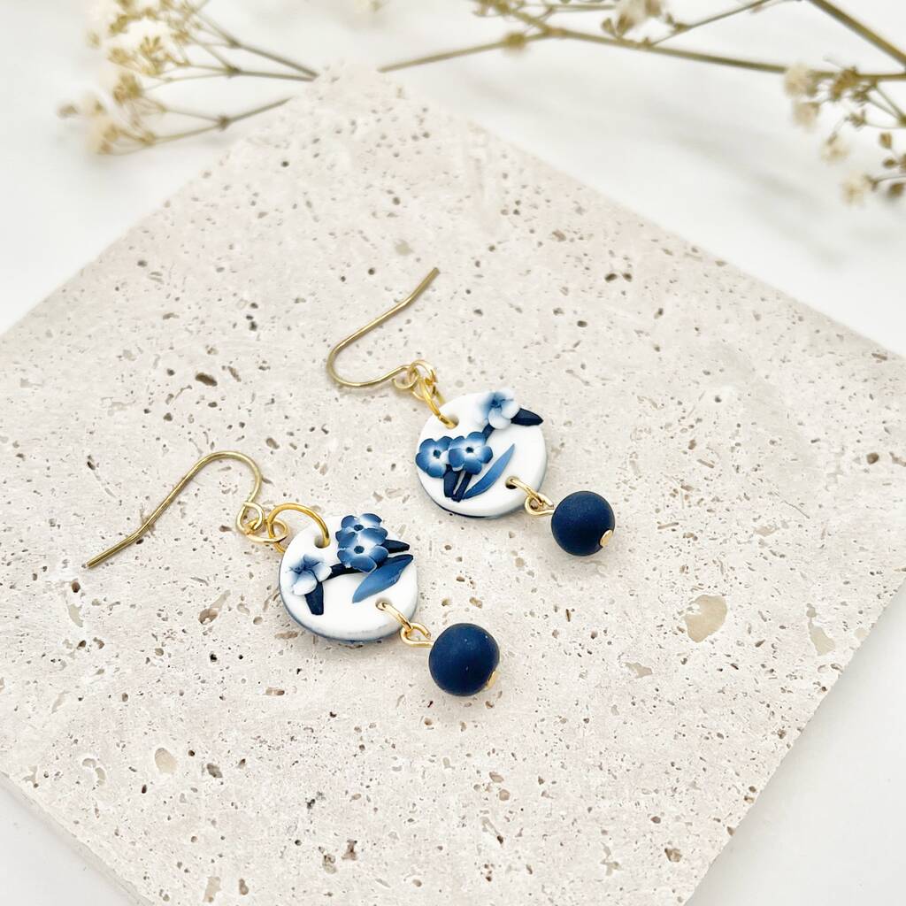 Handmade Blue And White Floral Dangle Clay Earrings, 1 of 6