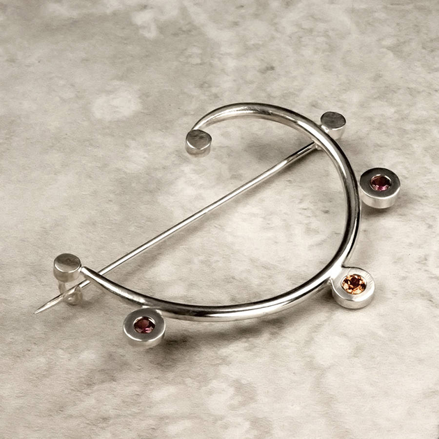 Curved Silver And Gem Stone Brooch By Farah Qureshi