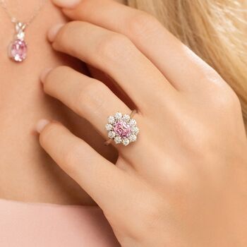 Pink Sapphire Halo Engagement Ring In Sterling Silver And Gold, 7 of 12