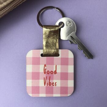 Personalised Pink Gingham Print Wooden Keyring, 2 of 6