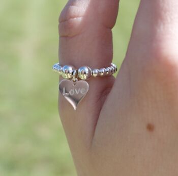 Sterling Silver Ball Bead Ring With Love Heart Charm, 9 of 12