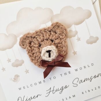 Personalised Cute Crochet Bear New Baby Card, 3 of 8