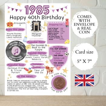 40th Birthday Card With 1985 Coin And Envelope Choose Your Colour, 3 of 3