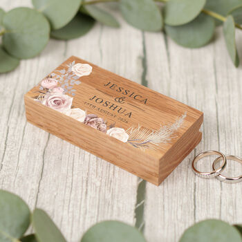 Personalised Blush Flowers Wedding Oak Wooden Double Ring Box, 2 of 3