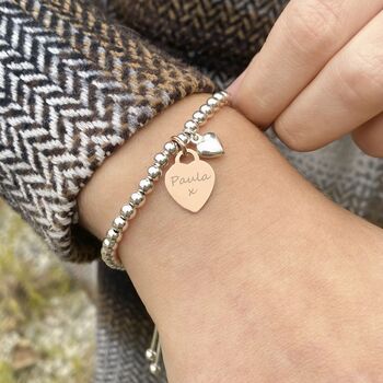 Silver Ball Slider Bracelet, Engraved Rose Gold Heart, 4 of 9
