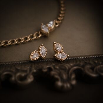 Marquise Cz Bezel Earring Studs In 18 K Gold And Silver Leaf Stud Earrings, 9 of 9
