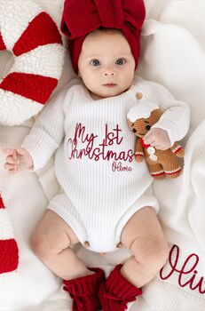My First Christmas Embroidered Personalised New Baby Knitted Romper, 2 of 11