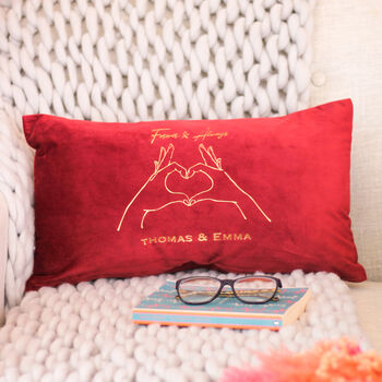 Personalised Heart Hands Couples Names Velvet Cushion, 3 of 5