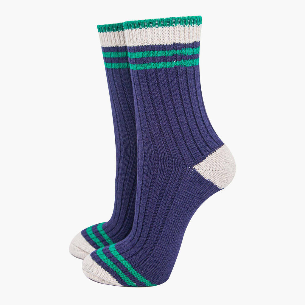 Glitter Mid Calf Ribbed Cotton Socks Varsity Striped Cuff Navy Green, 1 of 4