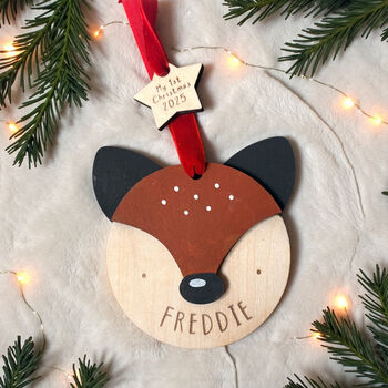 Hand Painted Personalised Wooden Fox Christmas Decoration – My First Christmas Bauble, 7 of 8