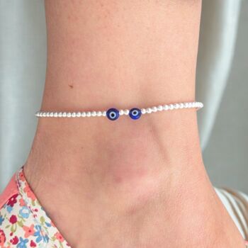 Sterling Silver Evil Eye Beaded Stretch Anklet, 2 of 5