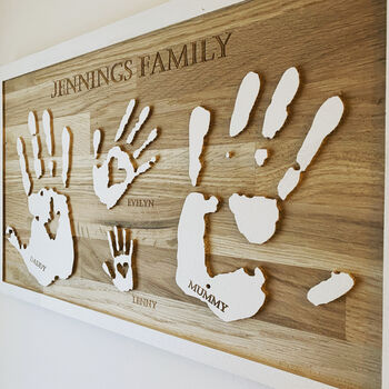 Personalised Family Handprints Solid Oak Wall Hanging, 2 of 12