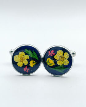 Cufflinks Real Yellow Flowers Leaves Hand Made Stainless Steel 12mm, 5 of 10