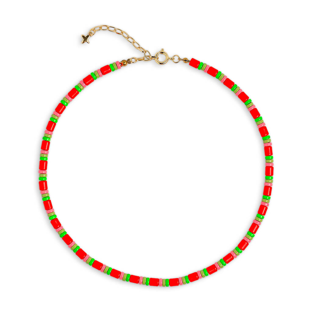 Green, Pink And Red Enamel Metal Bead Necklace, 1 of 2