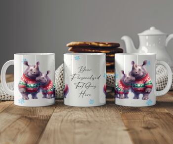 Personalised Rhino Love Couple In Christmas Jumpers Mug B, 2 of 2