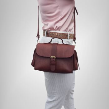 Small Leather Crossbody Satchel Handheld Handbag Chocolate Brown With Side Pockets, 2 of 8