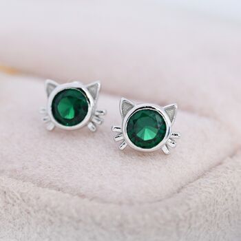 Emerald Green Cz Cat Stud Earrings Sterling Silver, 3 of 11