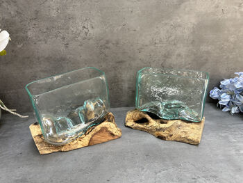 16cm Molten Glass Square Bowl On Teak Root Base, 2 of 12