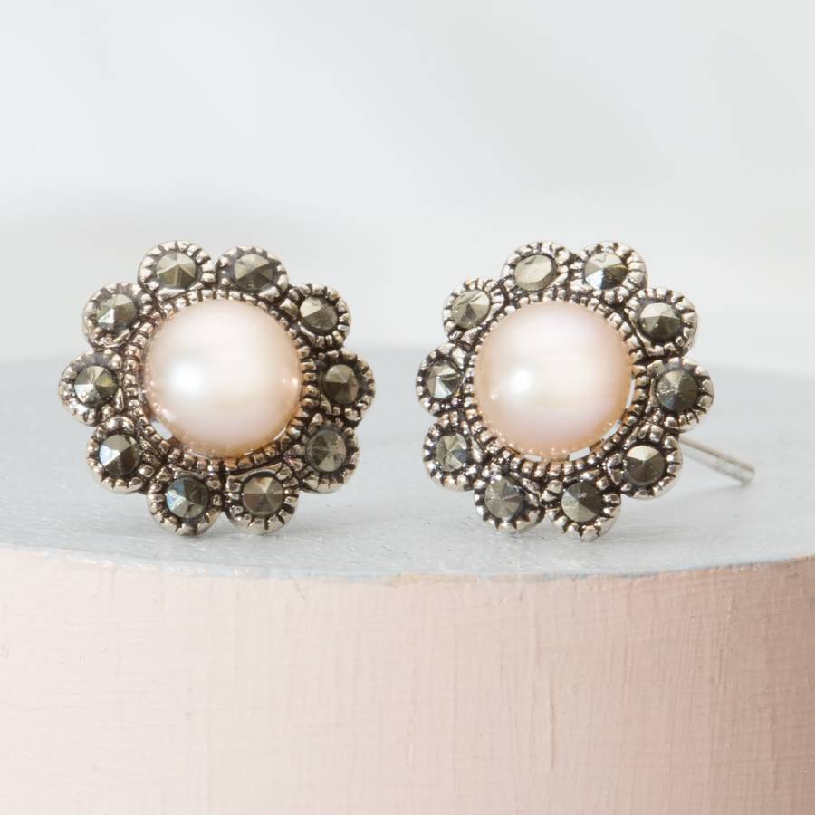 Sterling Silver Marcasite And Pearl Stud Earrings By Bloom Boutique