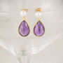 Gold Freshwater Pearl And Amethyst Drop Earrings, thumbnail 1 of 2