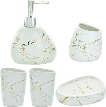 Five Pieces White And Gold Marble Bath Accessory Set, 3 of 8