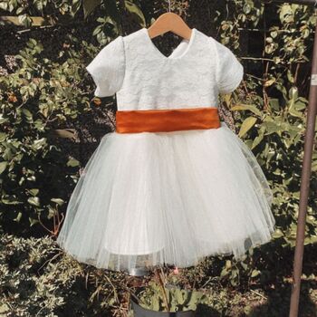 Lace Pearl Button Back With A Bow Sash Flower Girl Dress, 7 of 11