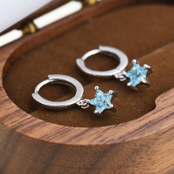 Sterling Silver Aqua Blue Cz Star Huggie Hoop Earrings, 4 of 12