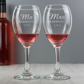 Personalised 'Mr & Mrs' Wine Glass Set, 2 of 4