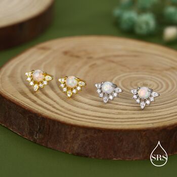 Sterling Silver Vintage White Opal Flower Cz Stud Earrings, 3 of 11