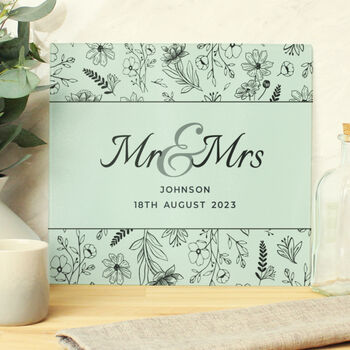 Personalised Mr And Mrs Botanical Glass Chopping Board – Perfect Wedding Gift For Couples, 3 of 4