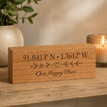 Personalised Coordinates Oak Block | Custom Latitude Longitude Gift, Couple, 6 of 8