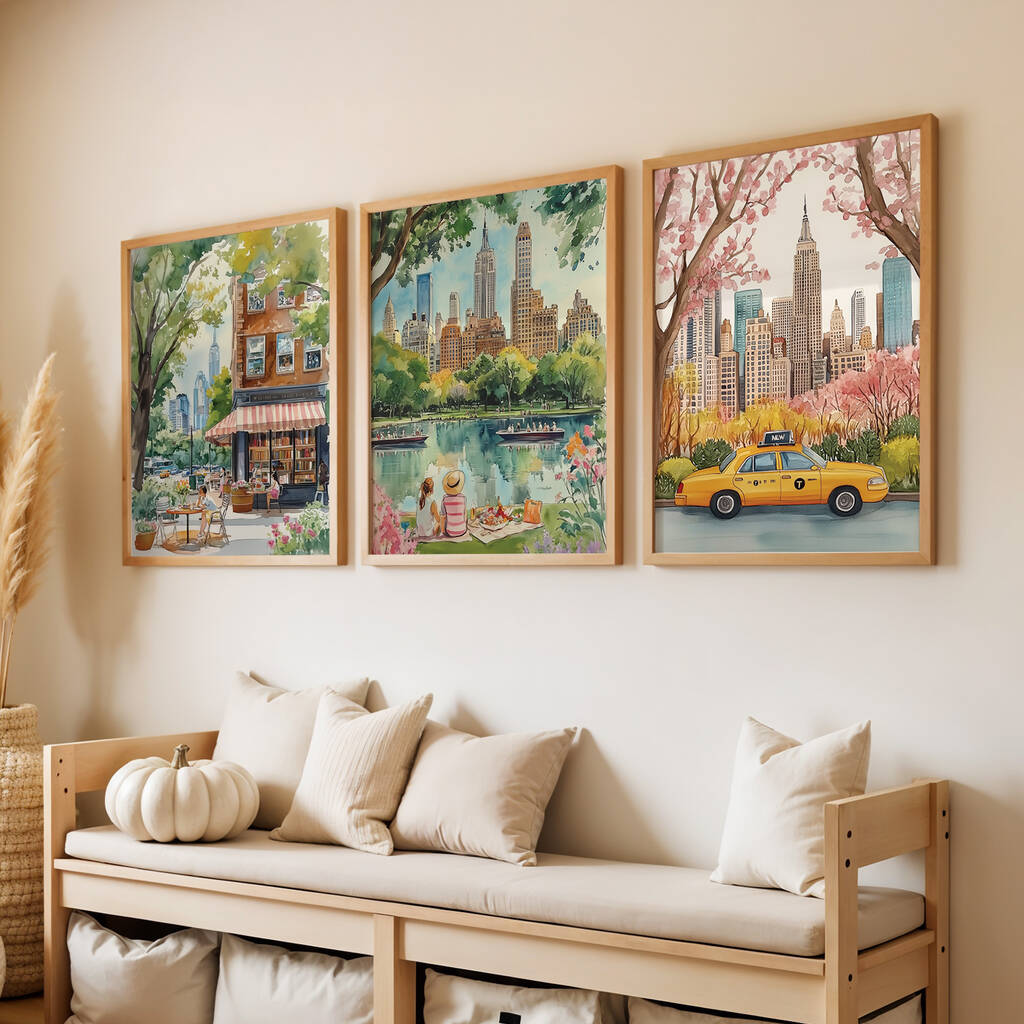 New York City Three Print Set – Cozy Bookshop, Yellow Taxi And Central Park Illustrations, 1 of 5