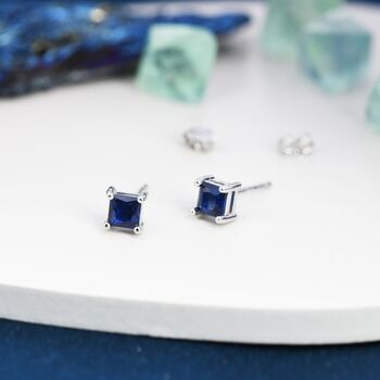 Princess Cut Dark Sapphire Blue Cz Stud Earrings, 4 of 12