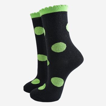 Women's Glitter Socks Black Lime Large Polka Dots, 2 of 5