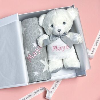 Personalised Grey Stars Blanket And Keeleco Baby Teddy, 5 of 9