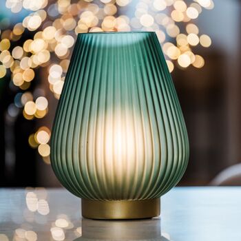 Emerald Green Opaque Glass Fluted Ribbed Battery Lamp, 2 of 2