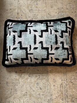 Modern, Oblong, Velvet, Ikat, Cushion With Black Silk Tassels Blue, Black And Silver Abstract Design, 6 of 6
