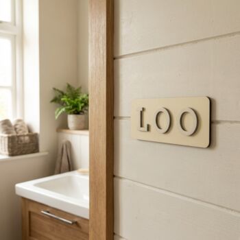 Loo Sign Pastel Yellow, Bathroom Toilet Sign Birch Wood, 5 of 12