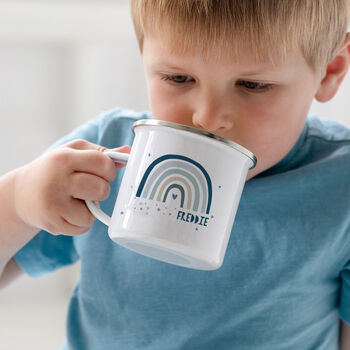 Children's Modern Blue Rainbow Personalised Enamel Mug, 2 of 4