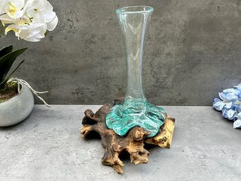 Molten Glass Vase On Teak Driftwood Handmade Wooden Decor Individual Gift, 3 of 6