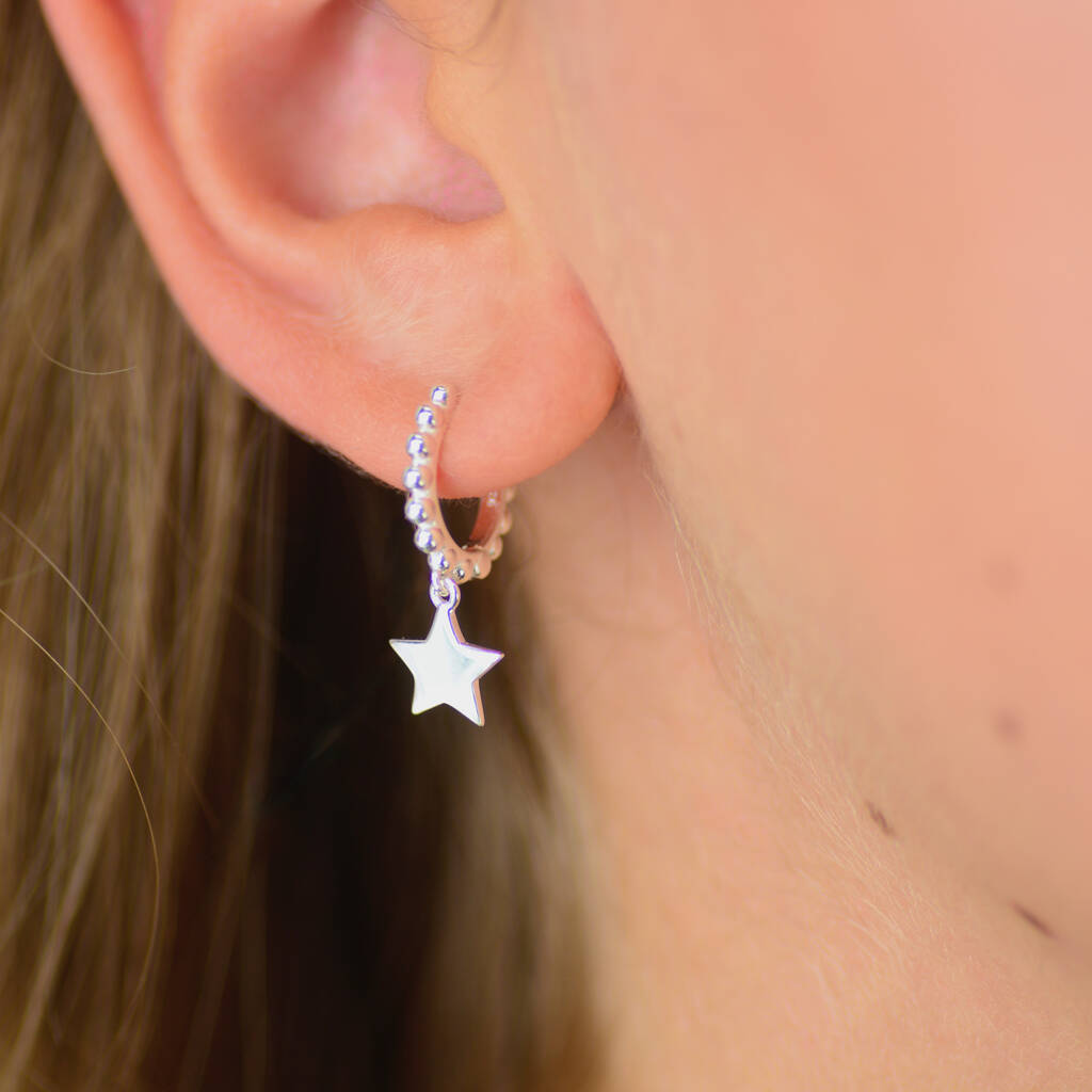 Sterling Silver Beaded Hoop Star Charm Huggies, 1 of 8